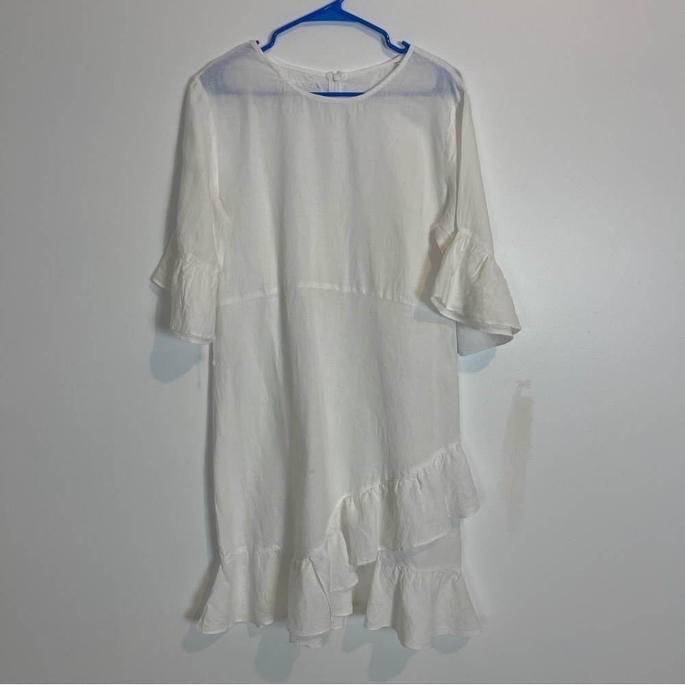 Claudio Milano Dress ruffled linen back zip summer white SZ XL 3/4 sleeve